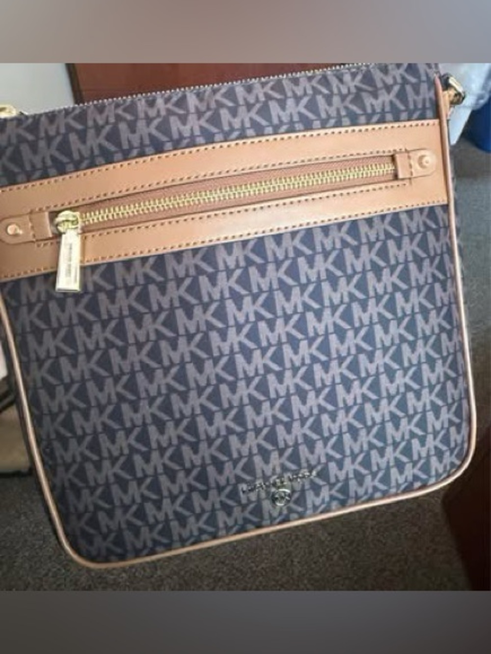 Michael Kors Navy and Tan Logo Messenger Bag